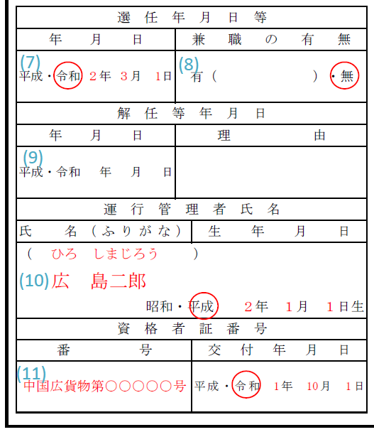 運行管理者選任届記入例