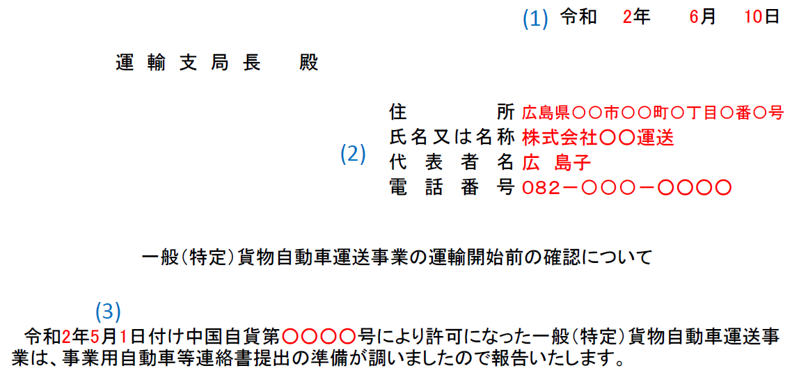 運輸開始前確認記入例