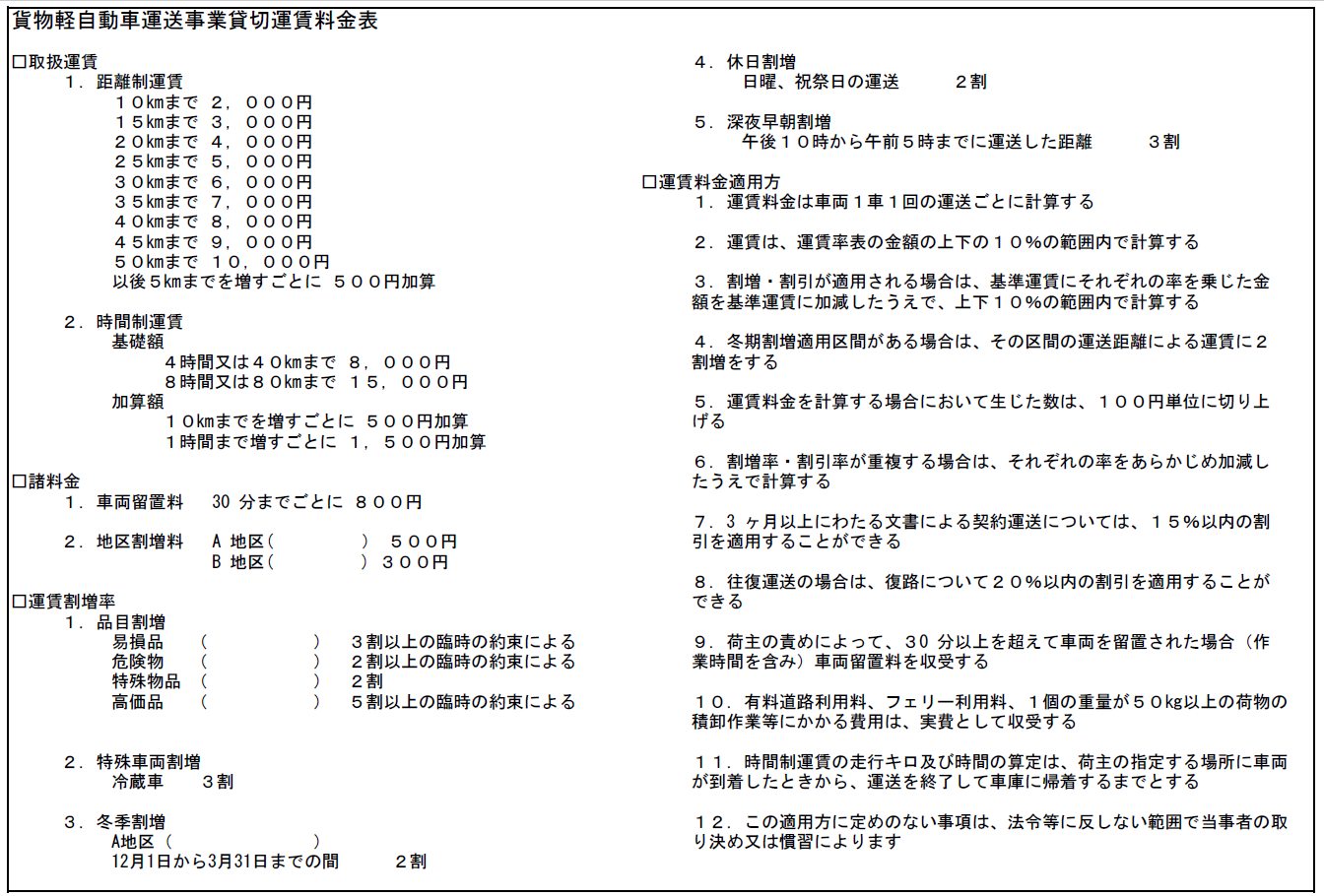 運賃料金表例